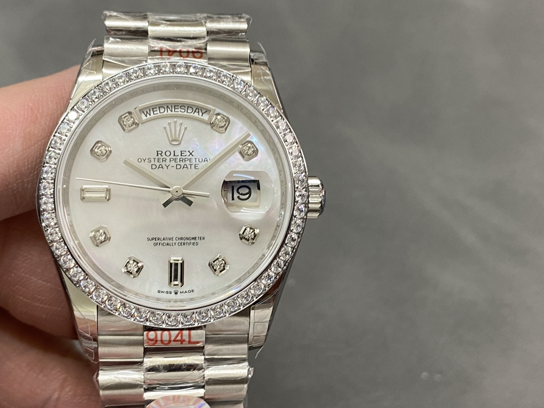 Rolex Day-Date 128349RBR White Mother of Pearl Dial Diamond Bezel 36MM Lady Replica Watch - QualitySwissReplica