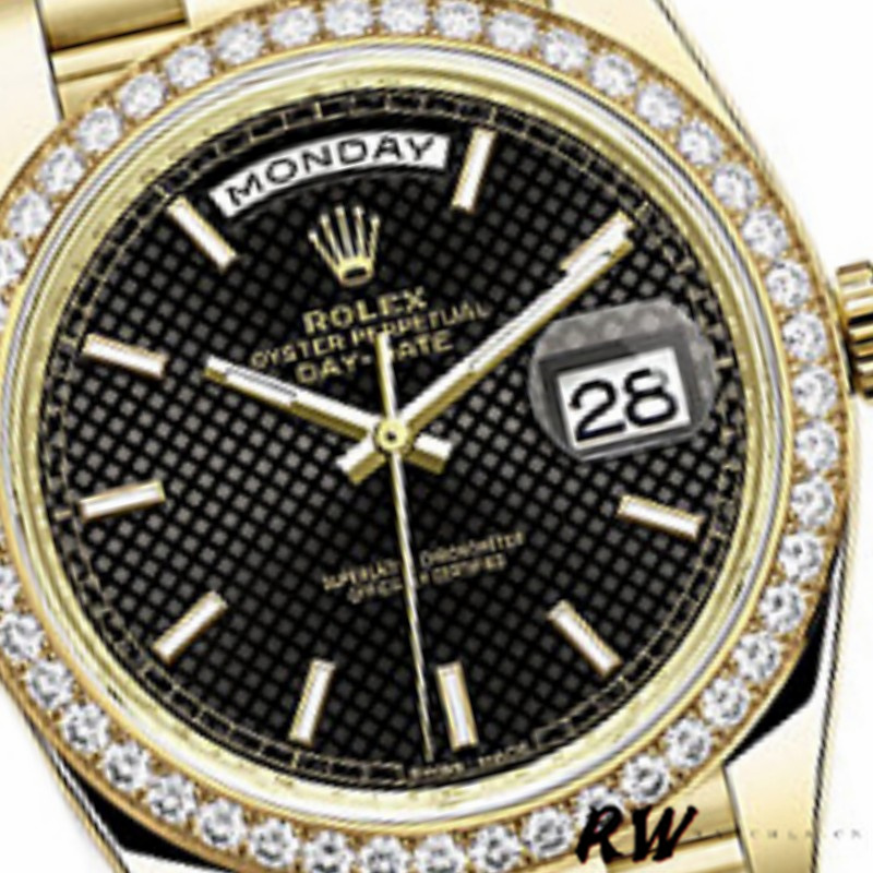 Rolex Day-Date 228348RBR Black Diagonal Motif Dial Diamond Bezel 40mm Mens Replica Watch - QualitySwissReplica