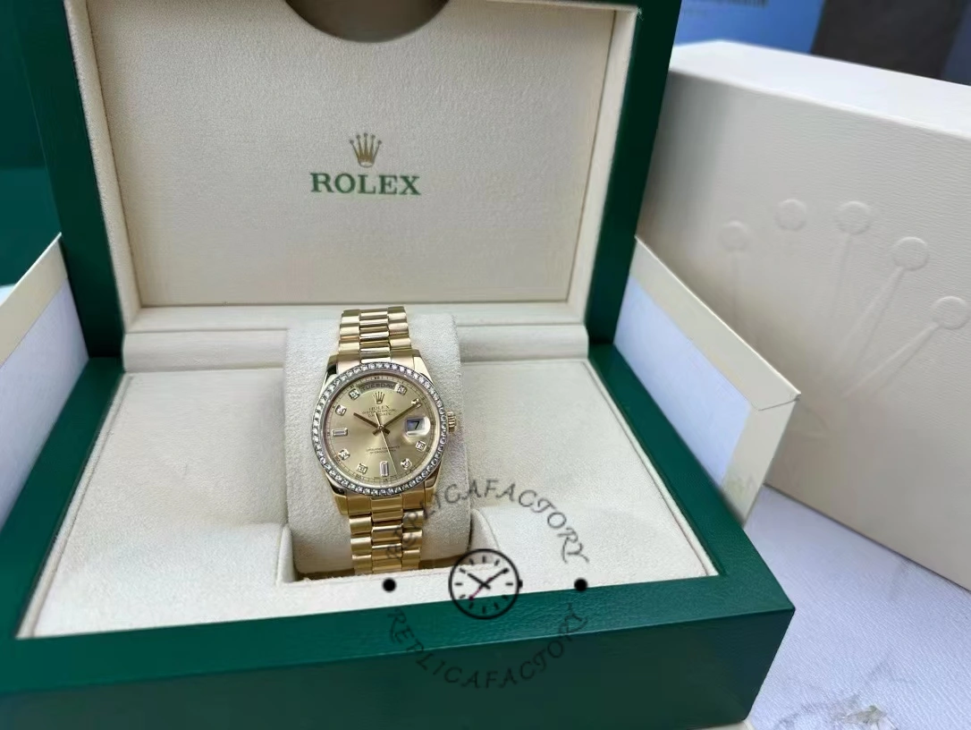 Rolex Day Date 118348 Champagne diamond Dial Yellow Gold 36mm Unisex Replica Watch - QualitySwissReplica