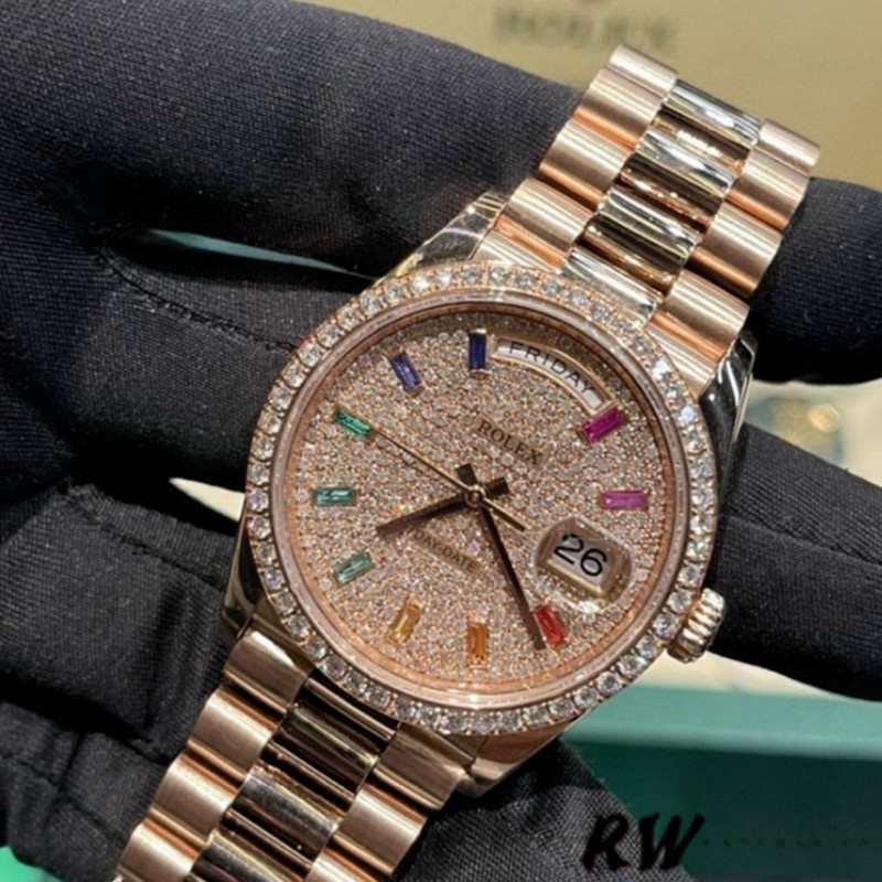 Rolex Day-Date 128345RBR Diamond Paved Dial Everose Gold 36MM Unisex Replica Watch - QualitySwissReplica