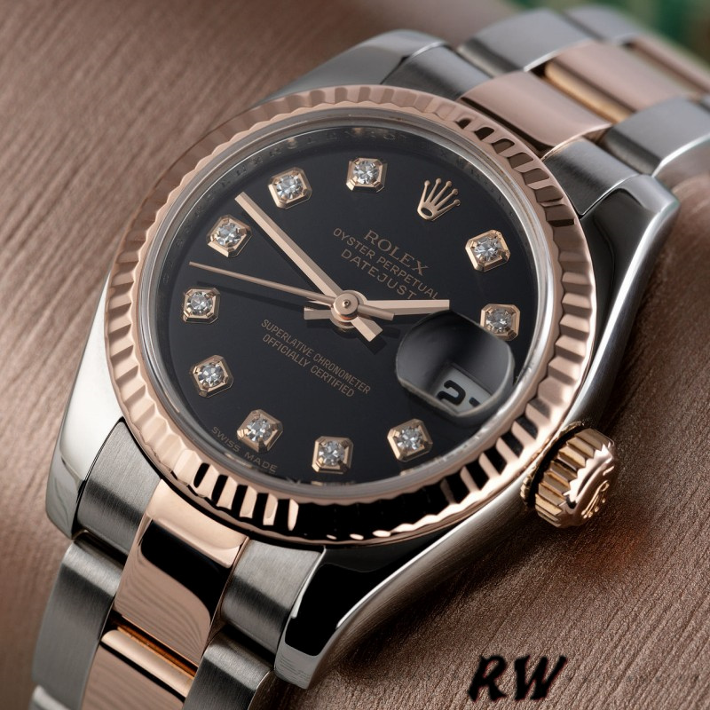Rolex Datejust 179171 Diamond Black Dial Fluted Bezel 26MM Lady Replica Watch - QualitySwissReplica