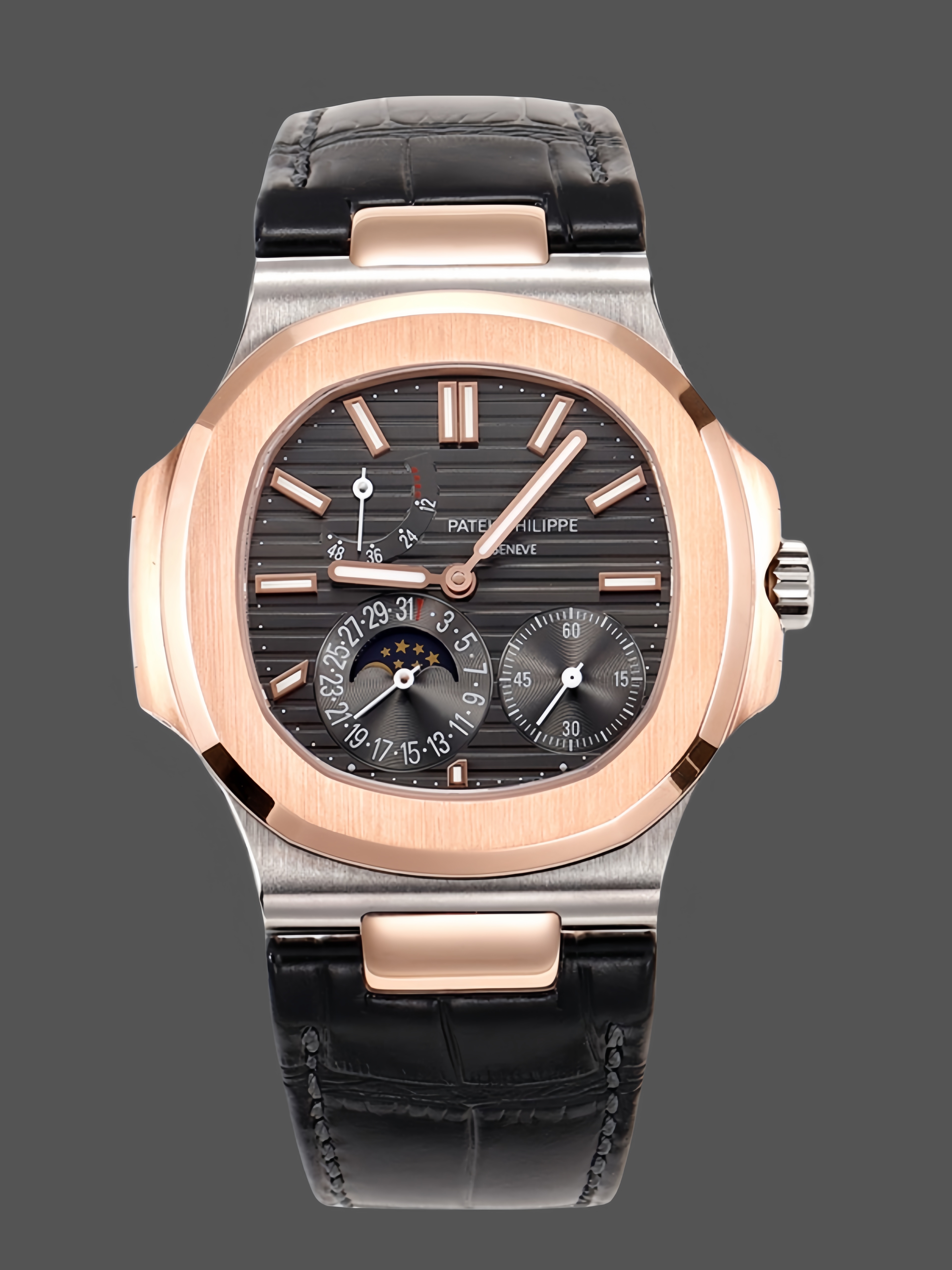 Patek Philippe Nautilus Moon Phases Rose & White Gold Slate Grey Dial 5712GR 001 - QualitySwissReplica