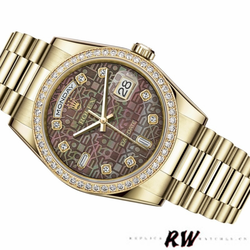 Rolex Day Date 118348 Black MOP Dial Yellow Gold 36mm Unisex Replica Watch - QualitySwissReplica