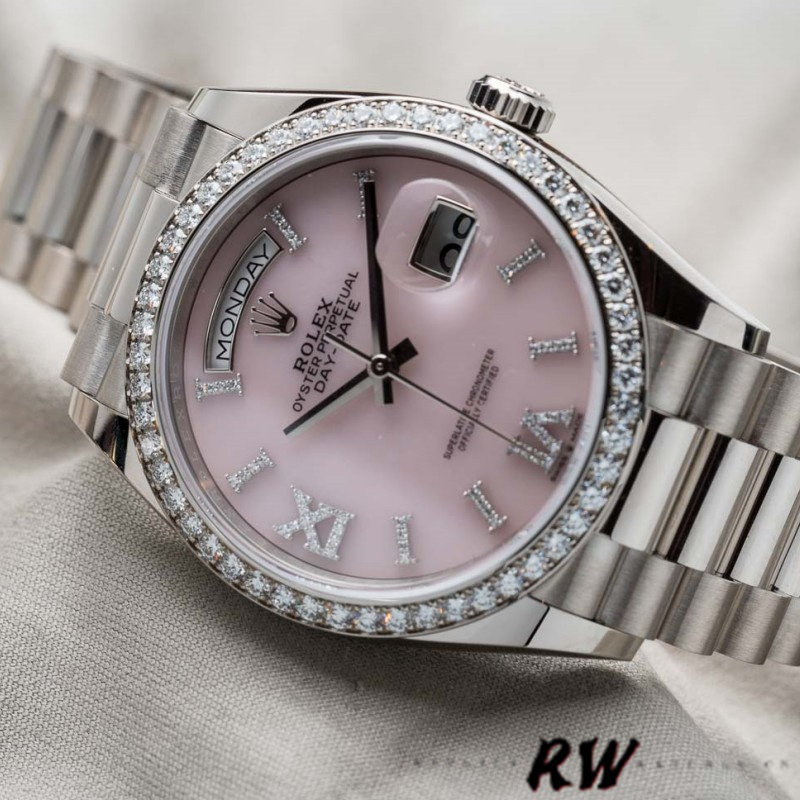 Rolex Day-Date 128349RBR Pink Opal Dial Diamond Bezel 36MM Unisex Replica Watch - QualitySwissReplica