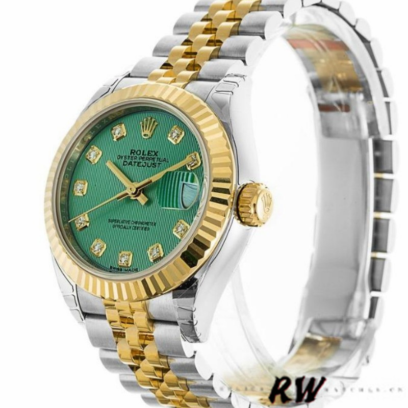 Rolex Datejust 279173 Green Diamond Dial Fluted Bezel 28mm Lady Replica Watch - QualitySwissReplica
