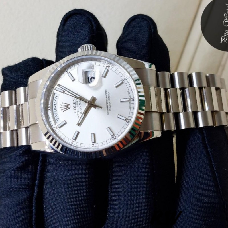Rolex Day-Date 118239 White Gold White Dial Fluted Bezel 36mm Unisex Replica Watch - QualitySwissReplica