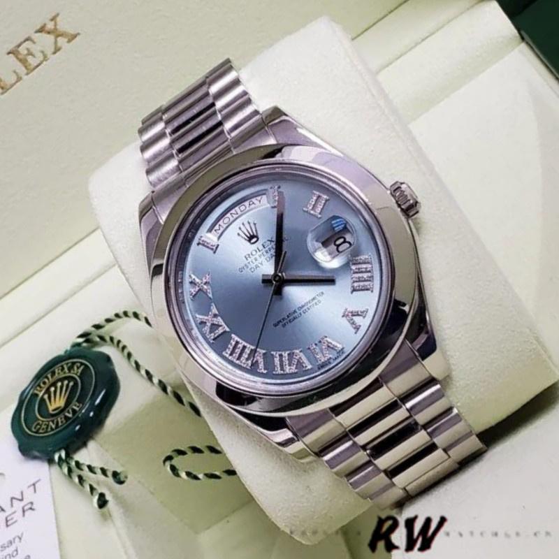 Rolex Day-Date 218206 Glacier Blue Diamond Roman Dial Platinum 41MM Mens Replica Watch - QualitySwissReplica