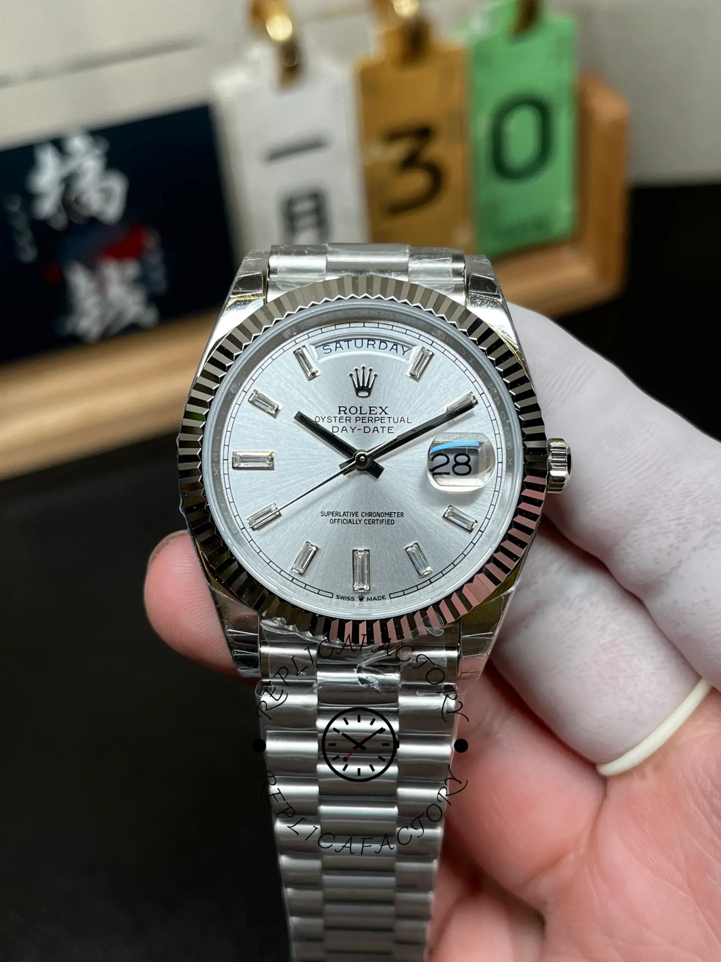 Rolex Day-Date 228239 Silver Baguette Diamond Dial Fluted Bezel 40mm Mens Replica Watch - QualitySwissReplica