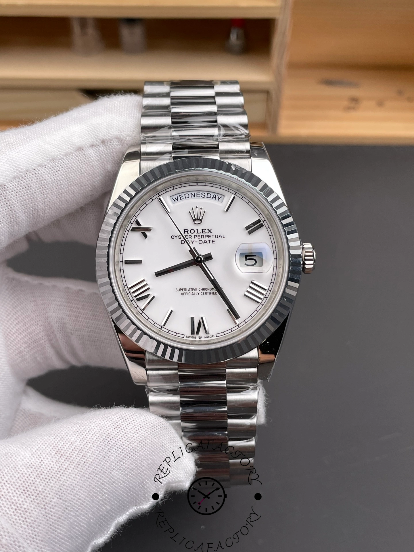 Rolex Day-Date 228239 White Roman Dial Fluted Bezel 40mm Mens Replica Watch - QualitySwissReplica