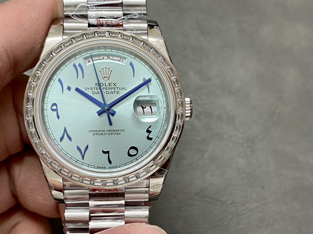 Rolex Day-Date 40mm Platinum Ice Blue Arabic Dial Diamond Bezel 228396TBR Men's Watch - QualitySwissReplica