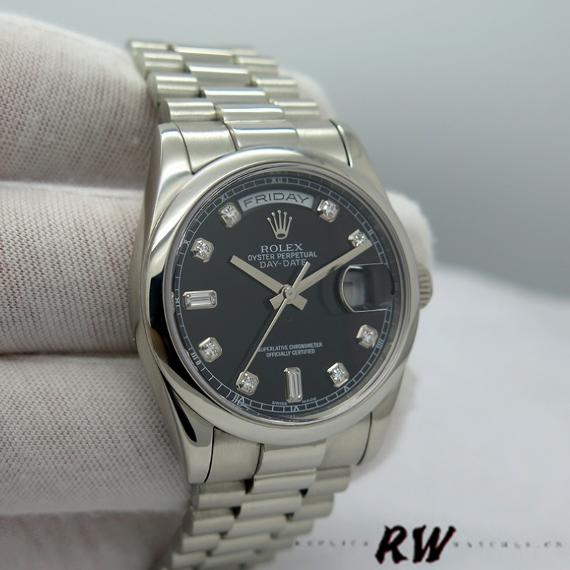 Rolex Day-Date 218206 Black Diamond Dial Platinum 41MM Mens Replica Watch - QualitySwissReplica