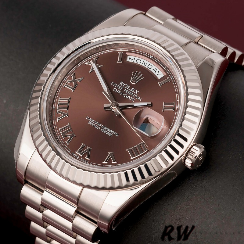 Rolex Day-Date 218239 Chocolate Brown Roman Numerals Dial White Gold 41MM Mens Replica Watch - QualitySwissReplica