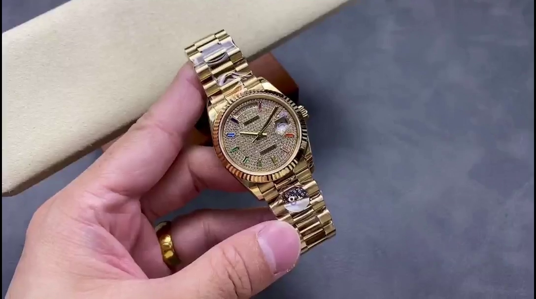 Rolex Day Date 36mm Yellow Gold 128238 0051 Pave Rainbow Diamond Dial Fluted Bezel - QualitySwissReplica