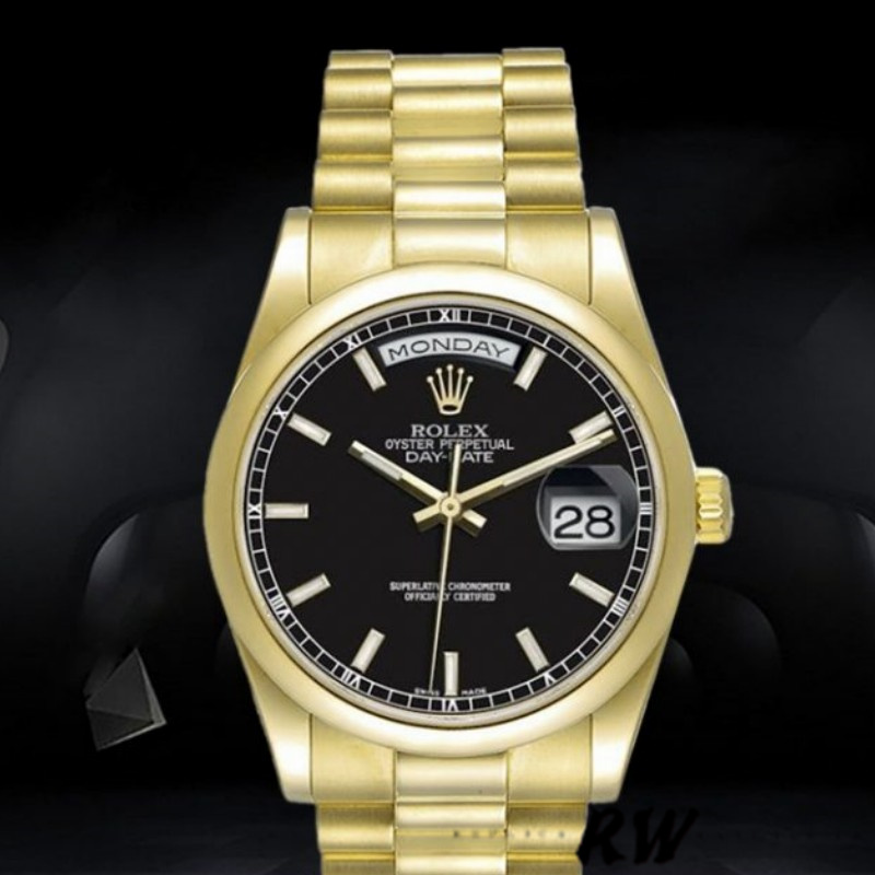 Rolex Day-Date 118208 Black Dial Automatic Yellow Gold 36mm Unisex Replica Watch - QualitySwissReplica