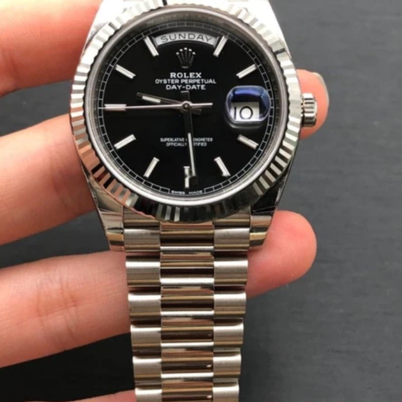 Rolex Day-Date 228239 Black Index Dial Fluted Bezel 40mm Mens Replica Watch - QualitySwissReplica
