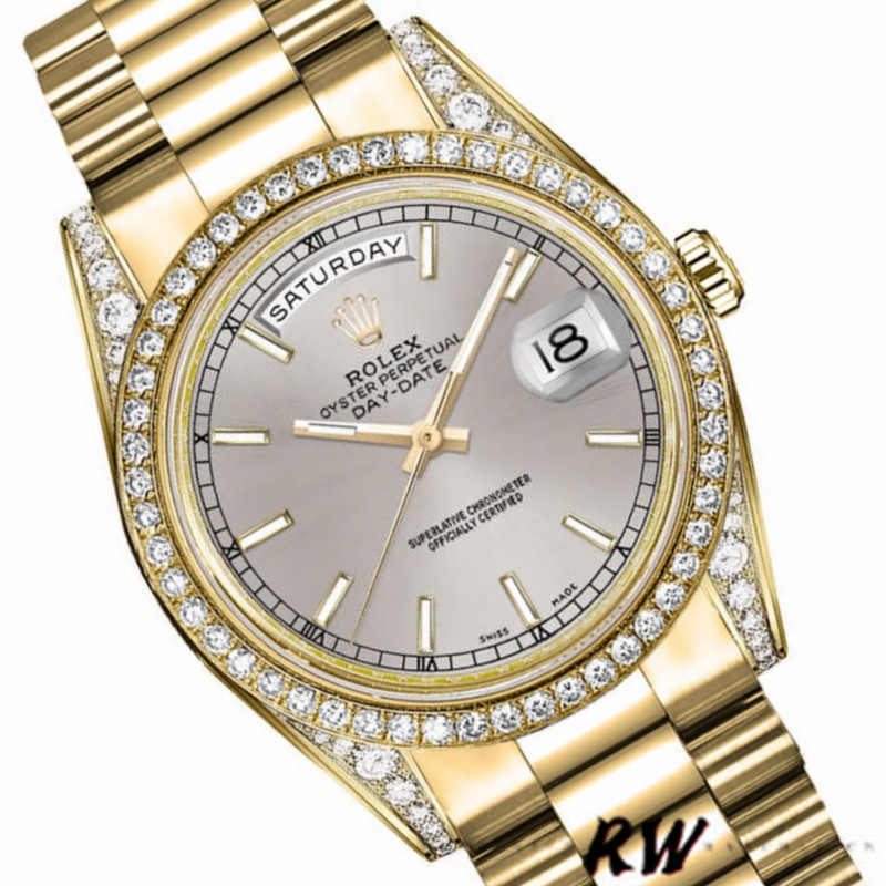 Rolex Day-Date 118388 Yellow Gold Silver Index Dial 36MM Unisex Replica Watch - QualitySwissReplica