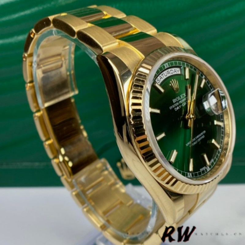 Rolex Day-Date 118238 Yellow Gold Green Dial 36mm Unisex Replica Watch - QualitySwissReplica
