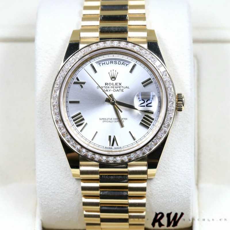 Rolex Day-Date 228398TBR Silver Roman Numeral Dial Diamond Bezel 40mm Mens Replica Watch - QualitySwissReplica