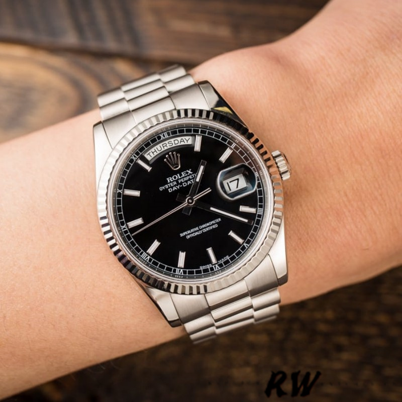 Rolex Day-Date 118239 White Gold Black Dial Fluted Bezel 36mm Unisex Replica Watch - QualitySwissReplica