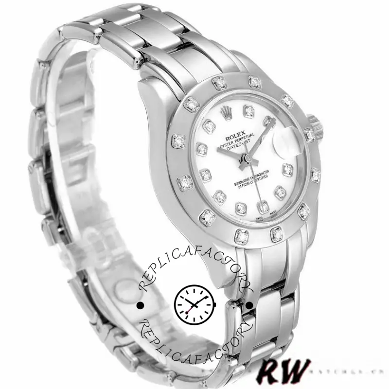 Rolex Pearlmaster 80319 White Dial Diamond 29MM Lady Replica Watch - QualitySwissReplica