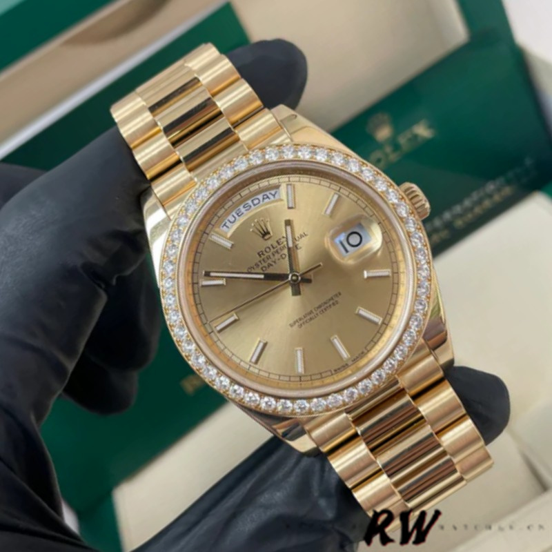 Rolex Day-Date 228348RBR Champagne Index Dial Diamond Bezel 40mm Mens Replica Watch - QualitySwissReplica