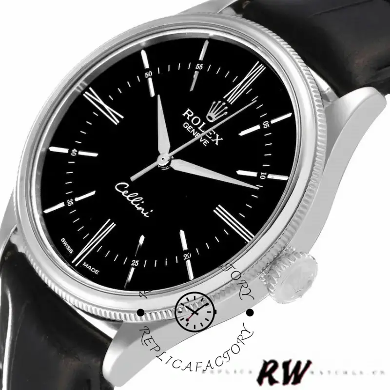 Rolex Cellini Time 50509 Black Leather Strap Black Dial 39mm Mens Replica Watch - QualitySwissReplica