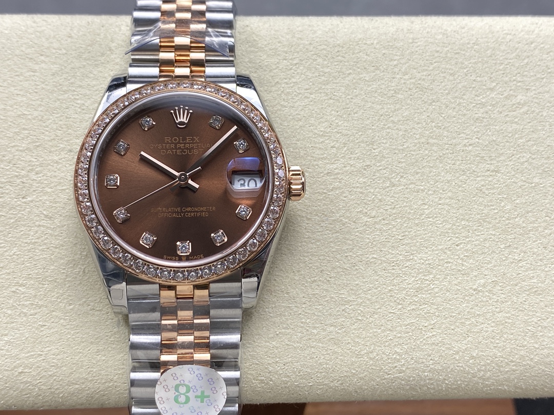 Rolex Datejust 31 m278381RBR 0028 Rose Gold Chocolate Diamond Dial Diamond Bezel Lady Watch - QualitySwissReplica