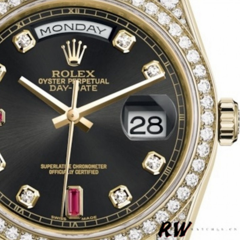 Rolex Day-Date 118388 Yellow Gold Black Diamond Rubies Dial 36mm Unisex Replica Watch - QualitySwissReplica