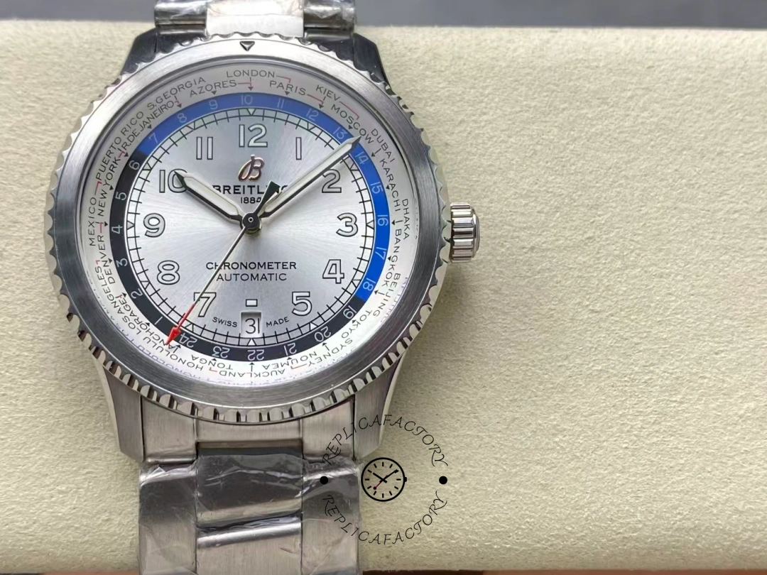 Breitling Aviator 8 B35 Automatic Unitime 43 Silver Dial With City Ring AB3521U01G1A1 Replica - QualitySwissReplica
