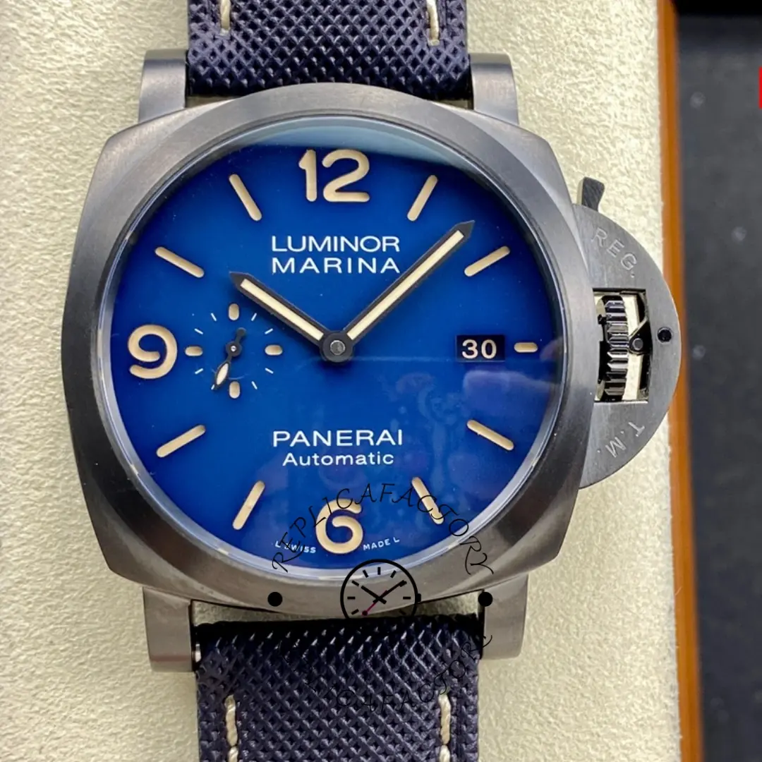 Replica Panerai Luminor 1950 PAM01021 44 3 Days Blue Titanium DLC Watch - QualitySwissReplica
