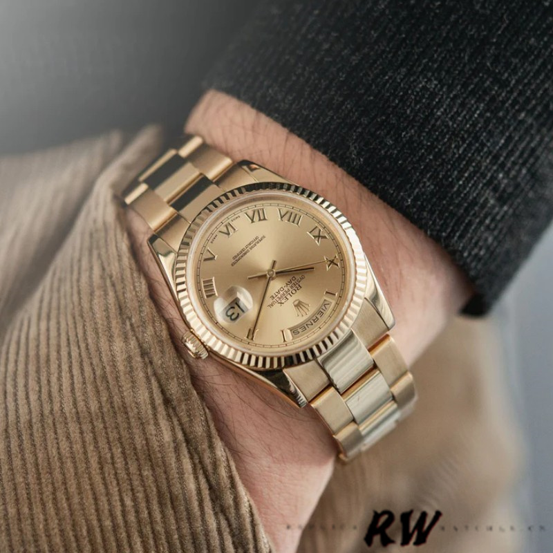Rolex Day-Date 118238 Champagne Dial Yellow gold 36mm Unisex Replica Watch - QualitySwissReplica