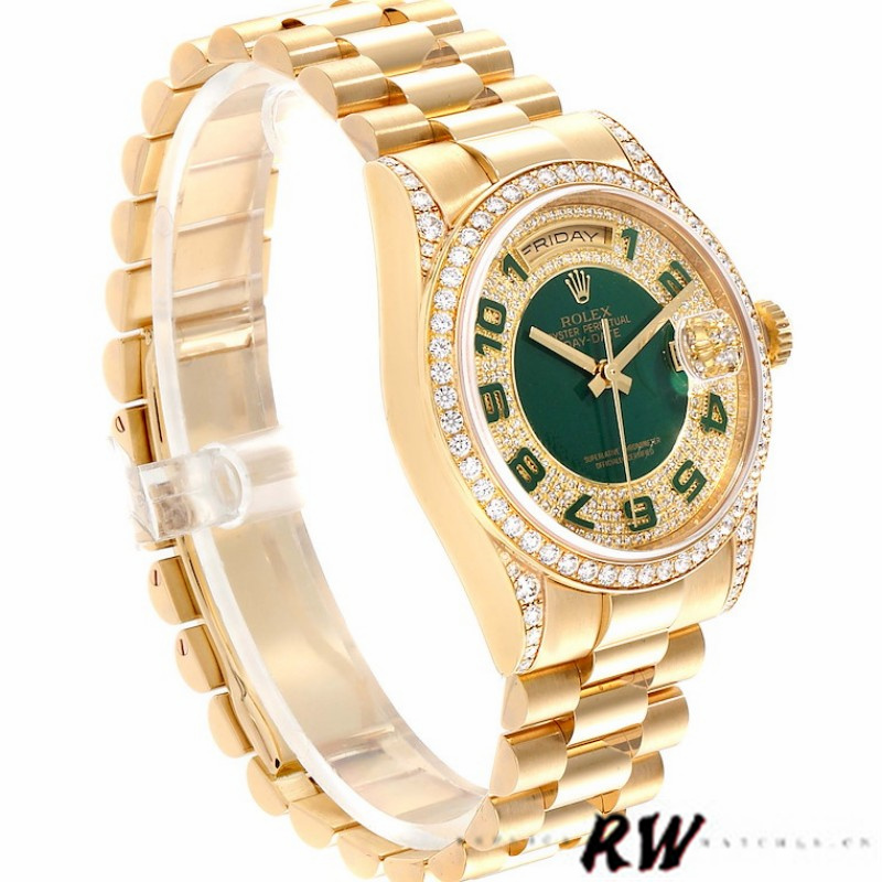 Rolex Day-Date 118388 Yellow Gold Green Enamel Diamond Dial 36MM Unisex Replica Watch - QualitySwissReplica