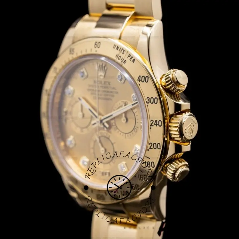 Rolex Daytona 116528 Yellow Gold Champagne Diamond Dial 40mm Mens Replica Watch - QualitySwissReplica