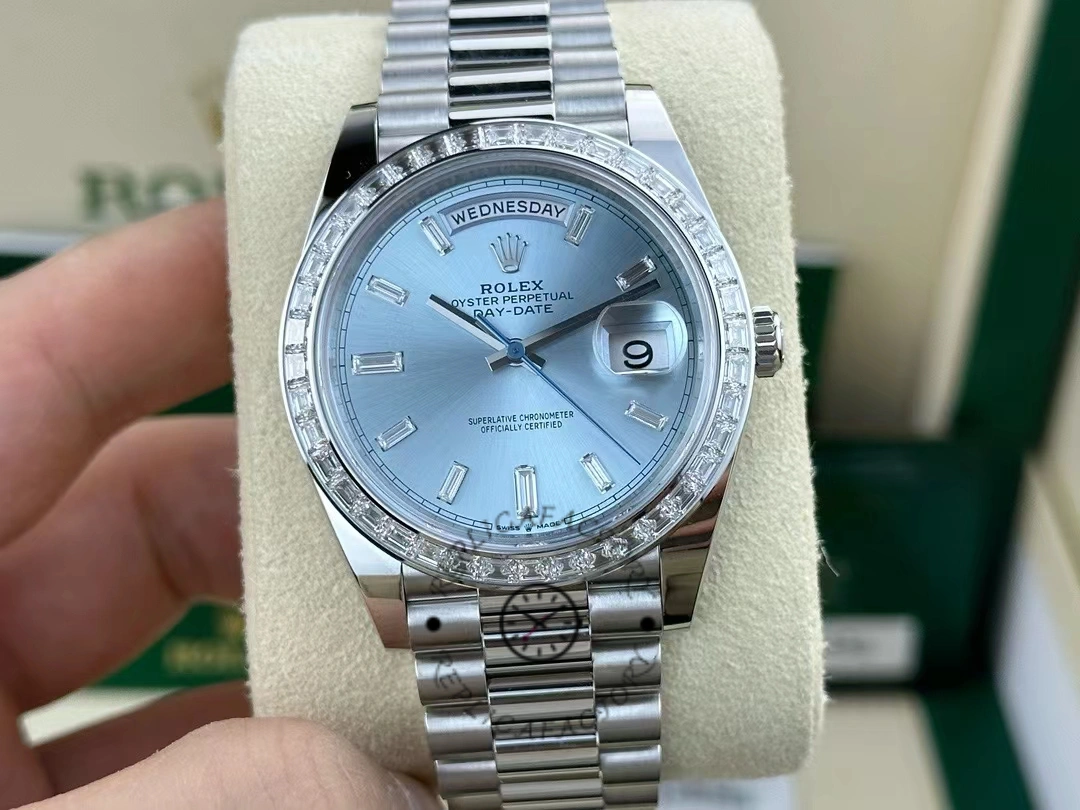 Rolex Day-Date 228396TBR Ice Blue Diamond Dial Diamond Bezel 40mm Mens Replica Watch - QualitySwissReplica