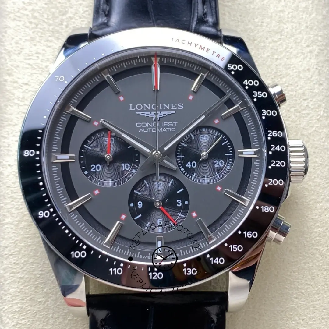 Longines L3.836.4.52.9 Conquest 42MM Gray Dial Replica Leather Strap Chronograph - QualitySwissReplica