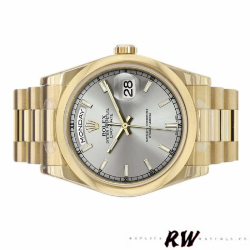 Rolex Day-Date 118208 Silver Dial Domed Bezel 36mm Unisex Replica Watch - QualitySwissReplica