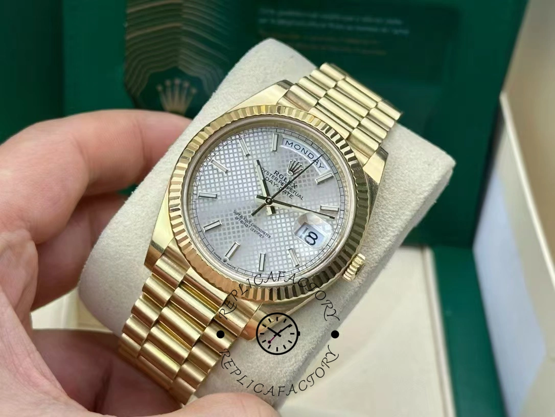 Rolex Day-Date 228348RBR Silver Diagonal Motif Dial Diamond Bezel 40mm Mens Replica Watch - QualitySwissReplica