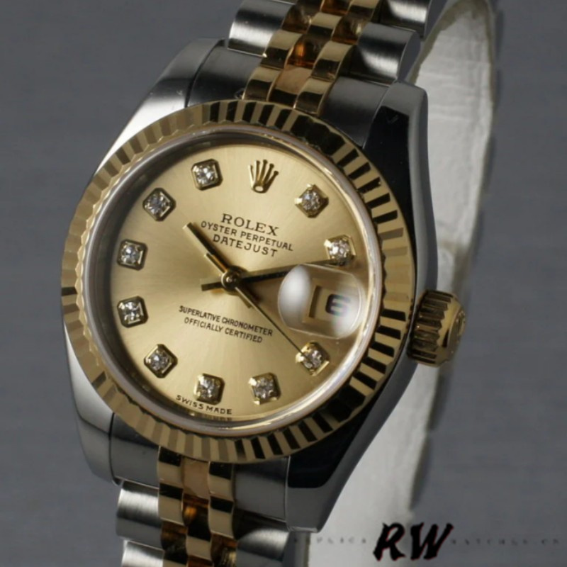 Rolex Datejust 179173 Champagne Diamond Dial Fluted Bezel 26MM Lady Replica Watch - QualitySwissReplica
