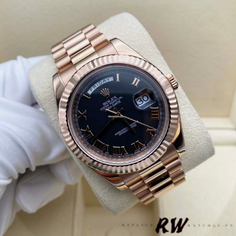 Rolex Day-Date 218235 Black Roman Numerals Dial Rose Gold 41MM Mens Replica Watch - QualitySwissReplica
