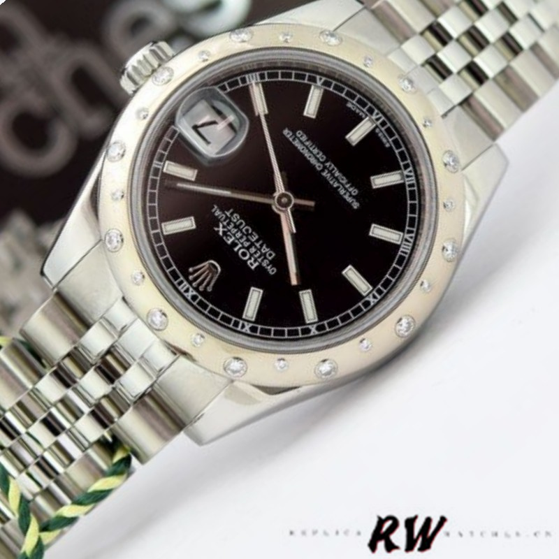 Rolex Datejust 178344 Black Dial Stainless Steel 31MM Lady Replica Watch - QualitySwissReplica
