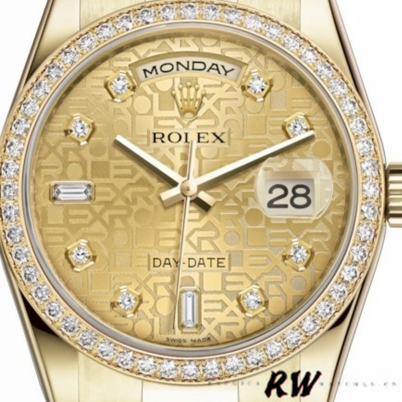 Rolex Day Date 118348 Champagne Jubilee Diamond Dial Yellow Gold 36mm Unisex Replica Watch - QualitySwissReplica