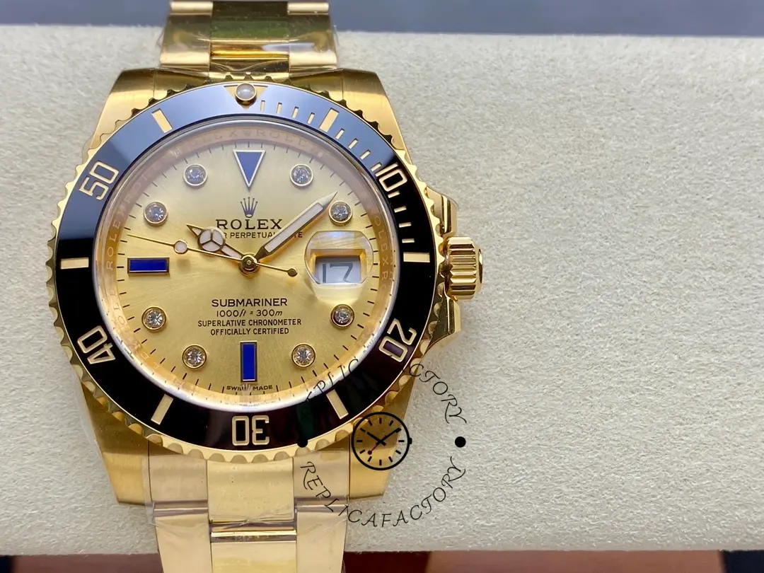 Rolex Submariner 40 18k Champagne Diamond Dial Black Bezel 16613T Gold Watch - QualitySwissReplica