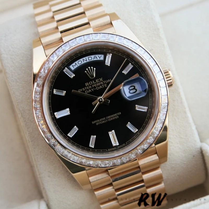 Rolex Day-Date 228398TBR Black Diamond Dial Diamond Bezel 40mm Mens Replica Watch - QualitySwissReplica