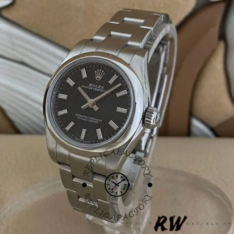 Rolex Oyster Perpetual 176200 Stainless Steel Black Index Dial 26MM Lady Replica Watch - QualitySwissReplica