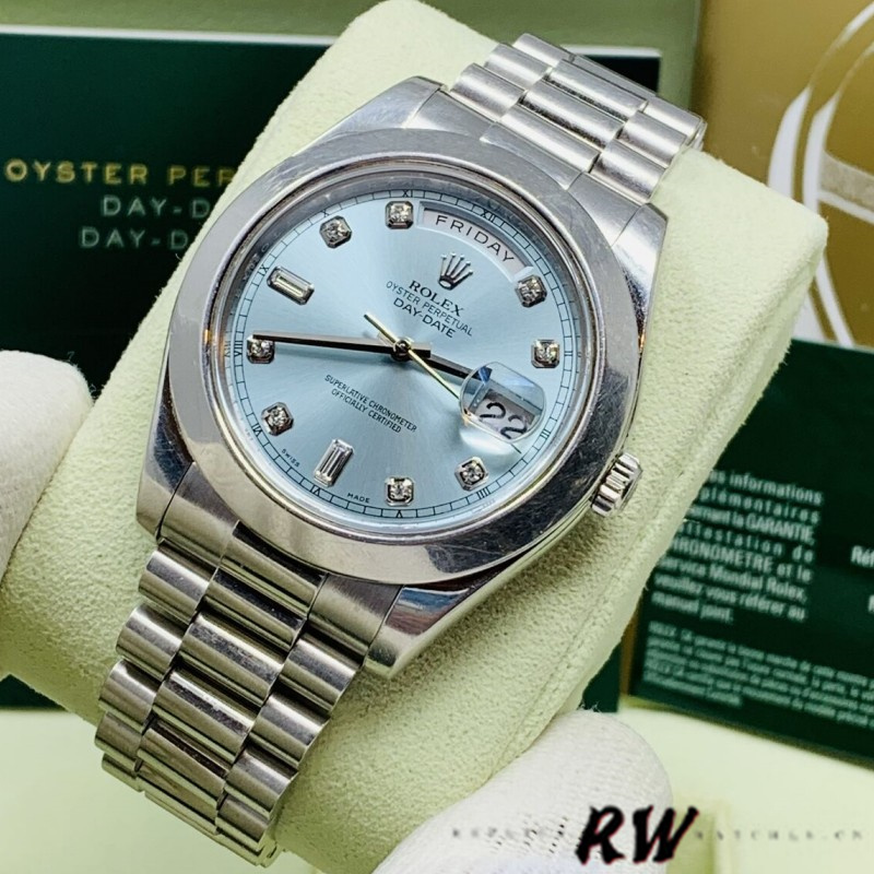 Rolex Day-Date 218206 Ice Blue Diamond Dial Platinum 41MM Mens Replica Watch - QualitySwissReplica