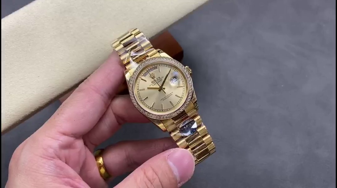 Rolex Day Date 36 Yellow Gold Champagne Dial Diamond Bezel m128348rbr 0026 - QualitySwissReplica