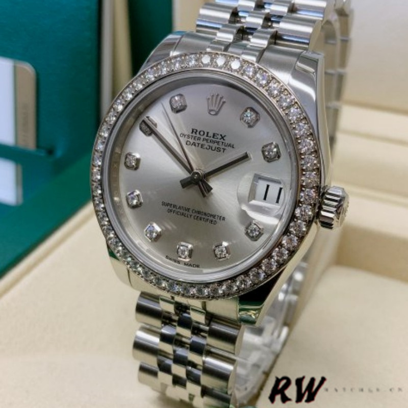 Rolex Datejust 178384 Silver Diamonds Dial Diamond Bezel 31MM Lady Replica Watch - QualitySwissReplica