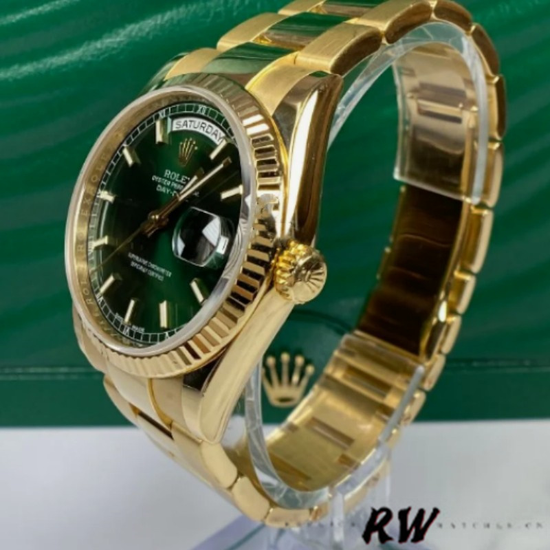 Rolex Day-Date 118238 Yellow Gold Green Dial 36mm Unisex Replica Watch - QualitySwissReplica