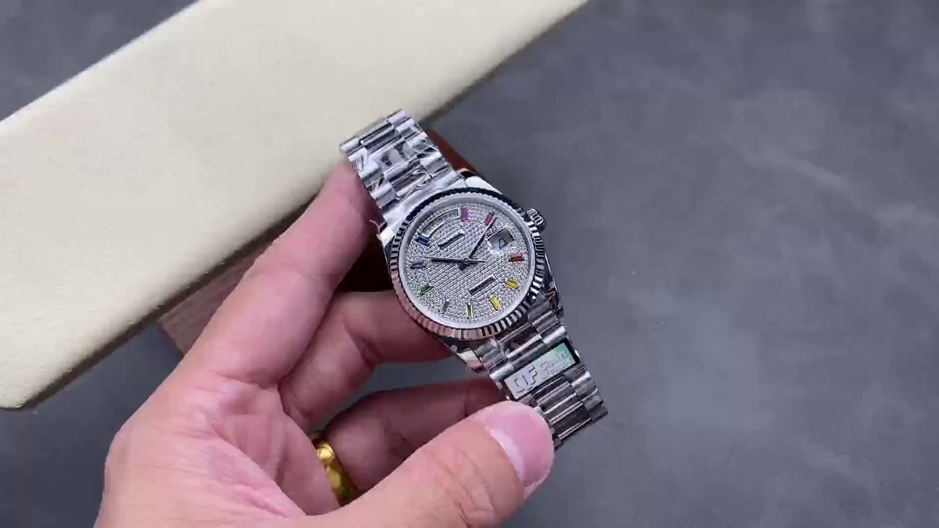 Rolex Day Date 36mm White Gold 128239 0016 Pave Rainbow Diamond Dial - QualitySwissReplica