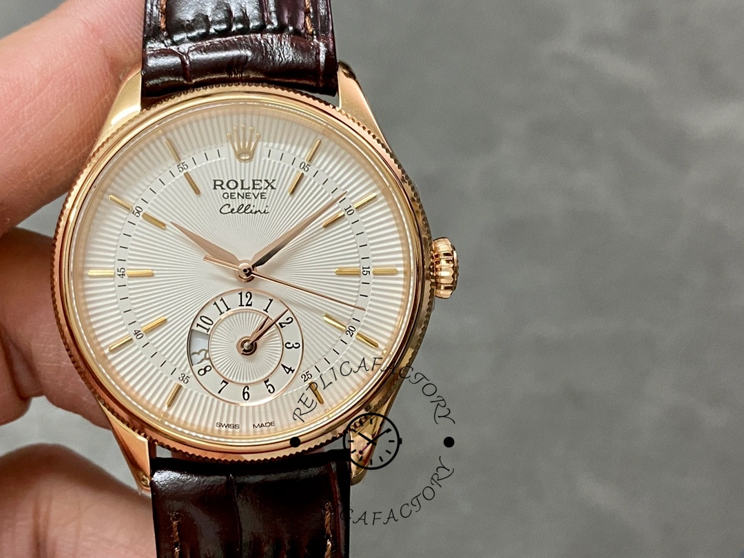 Rolex Cellini Dual Time 50525 Silver Dial Brown Leather Strap 39mm Mens Replica Watch - QualitySwissReplica